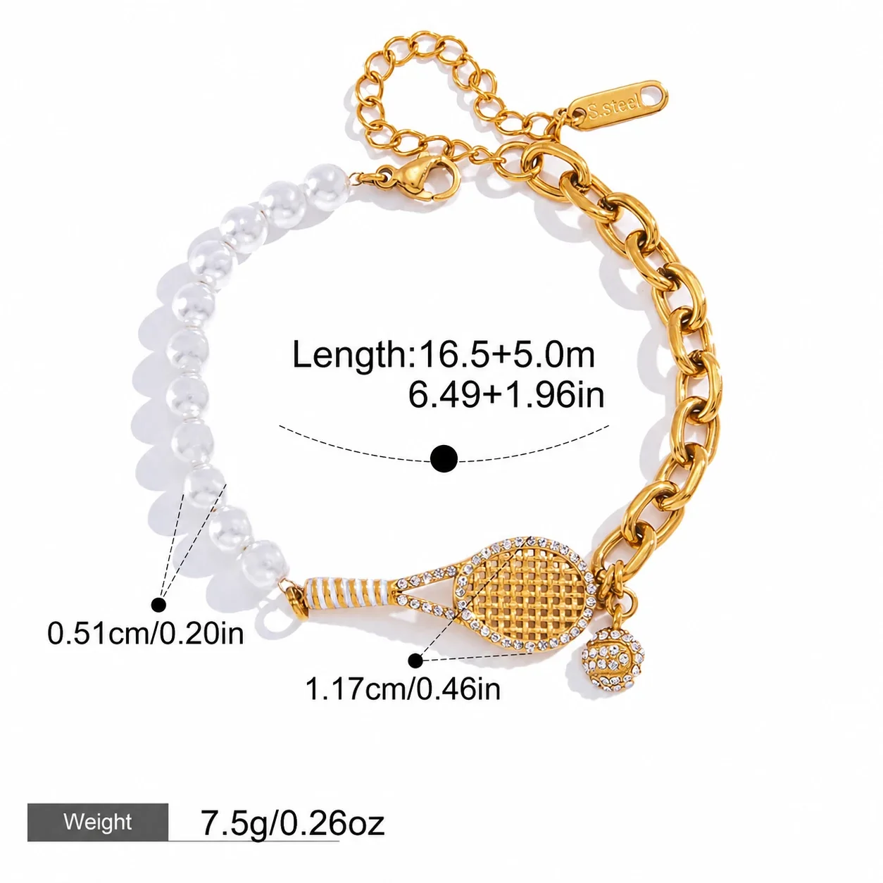 Sporty 18K Gold-Plated Racket CZ Pearl Bracelet - Gold Racket Charm