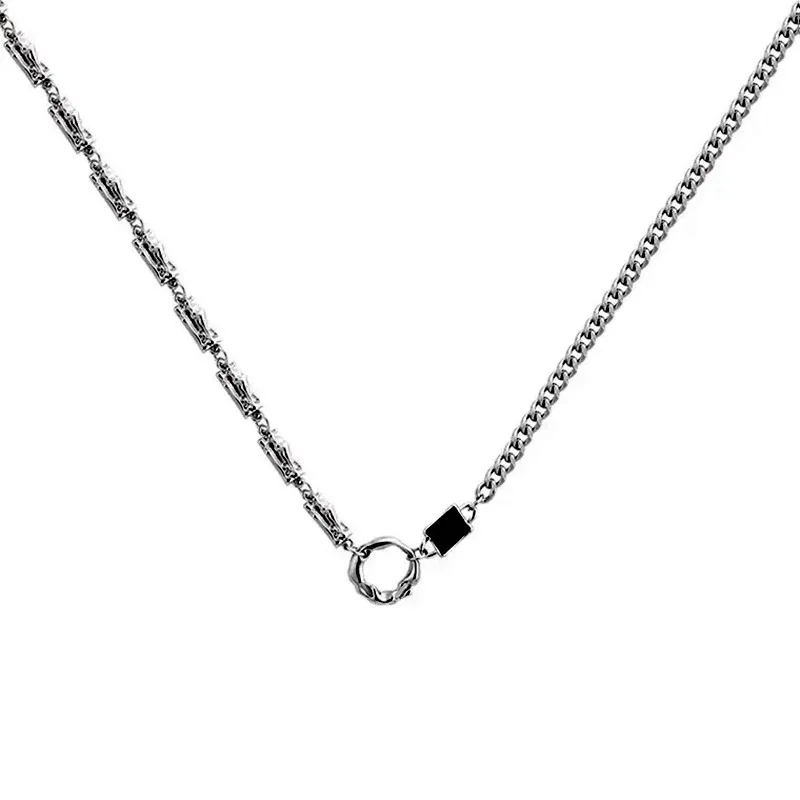 Asymmetric Stainless Steel Curb Chain Black Stone Necklace