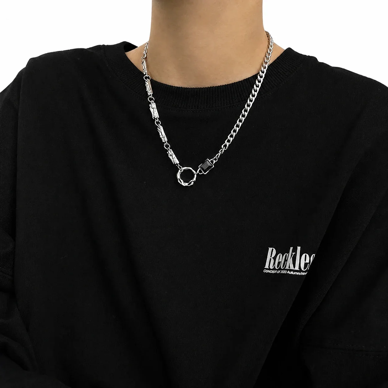 Asymmetric Stainless Steel Curb Chain Black Stone Necklace