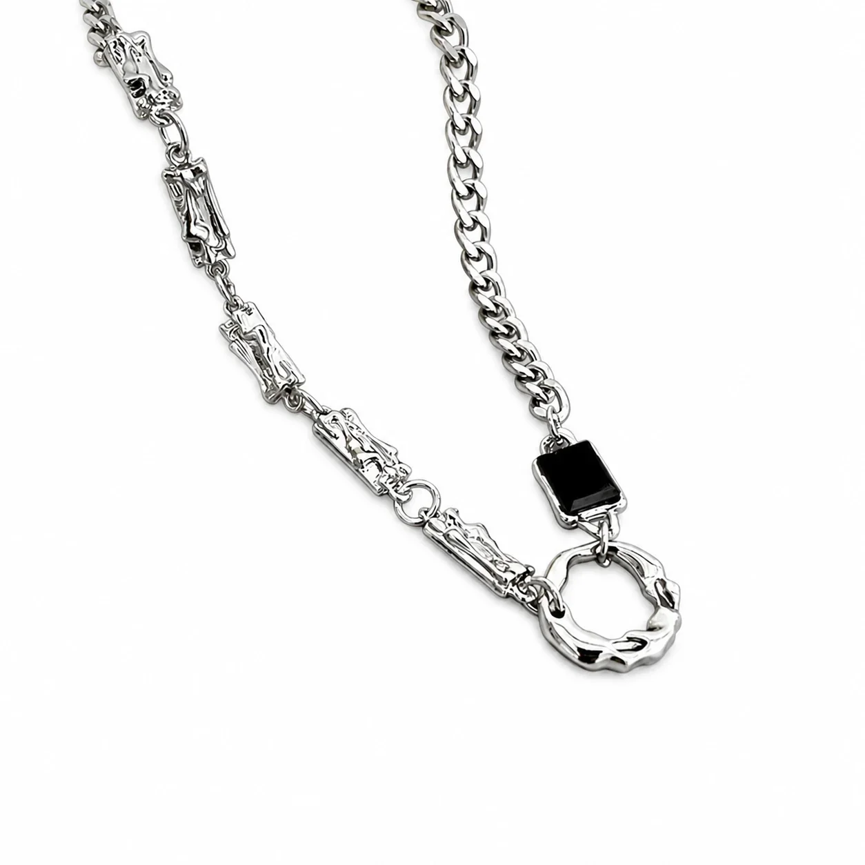 Asymmetric Stainless Steel Curb Chain Black Stone Necklace