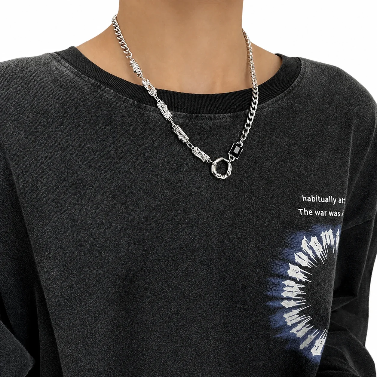 Asymmetric Stainless Steel Curb Chain Black Stone Necklace