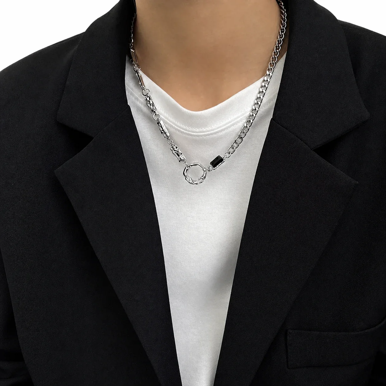 Asymmetric Stainless Steel Curb Chain Black Stone Necklace