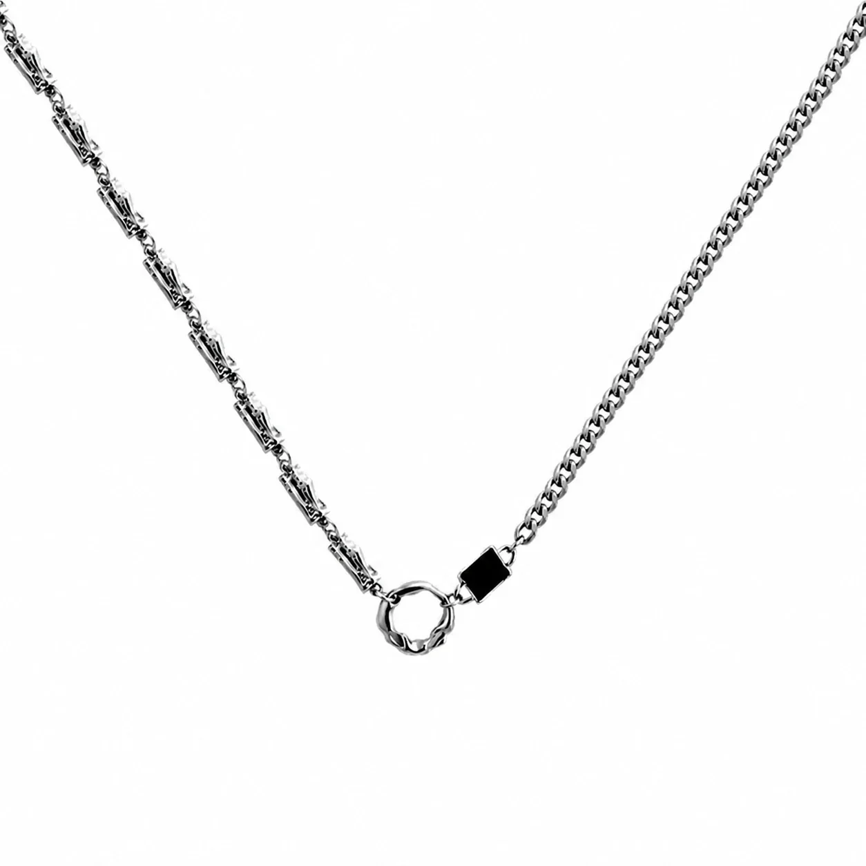 Asymmetric Stainless Steel Curb Chain Black Stone Necklace - Silver / Black