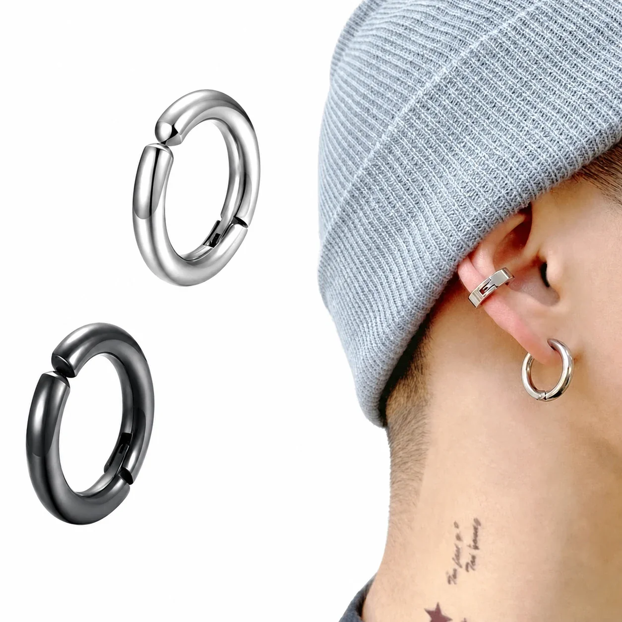 Polished Stainless Steel Round Clip-On Hoop Earrings