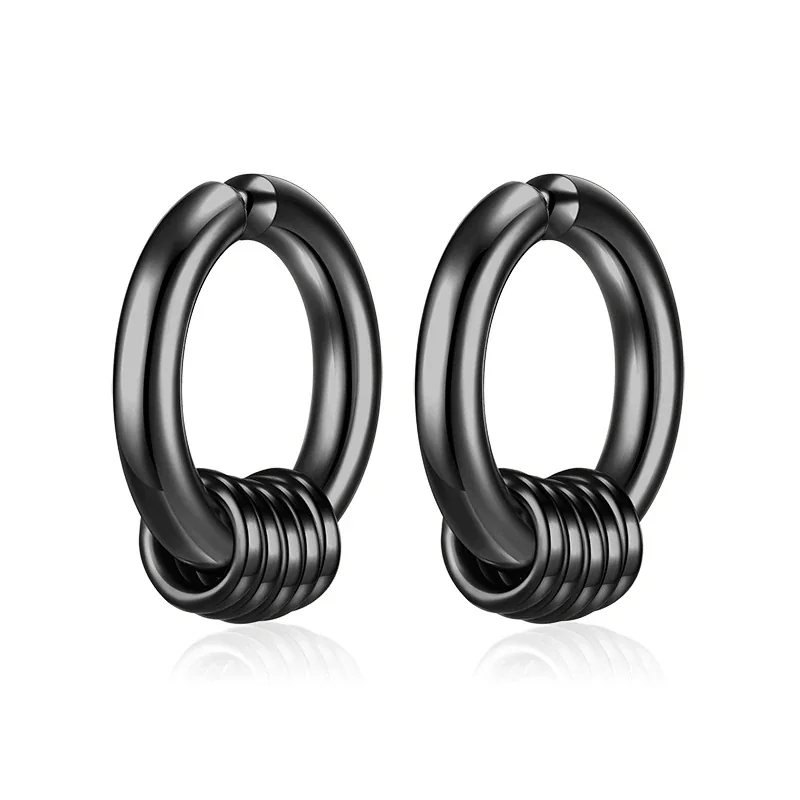 Polished Stainless Steel Round Clip-On Hoop Earrings - Black Clip-On Hoop Ear