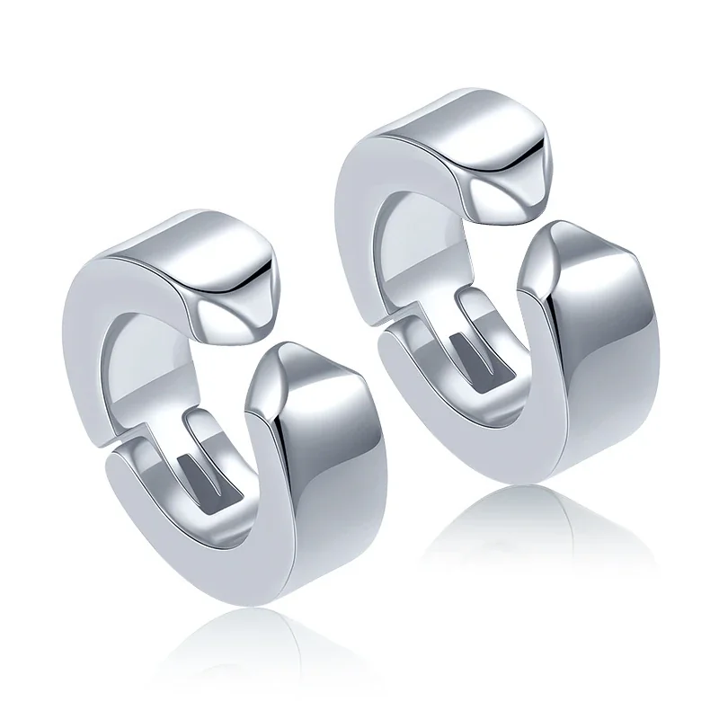 Polished Stainless Steel Round Clip-On Hoop Earrings - Silver Smooth Ear