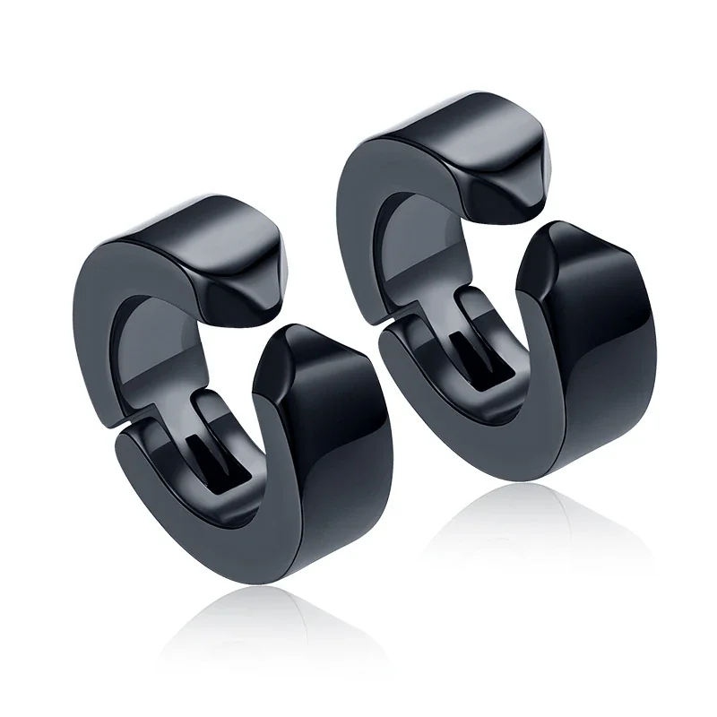 Polished Stainless Steel Round Clip-On Hoop Earrings - Black Smooth Ear