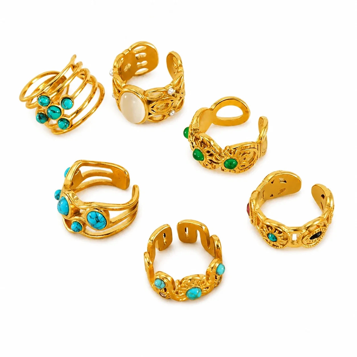Ornate 18K Gold-Plated 316 Stainless Openwork Cabochon Cuff Ring