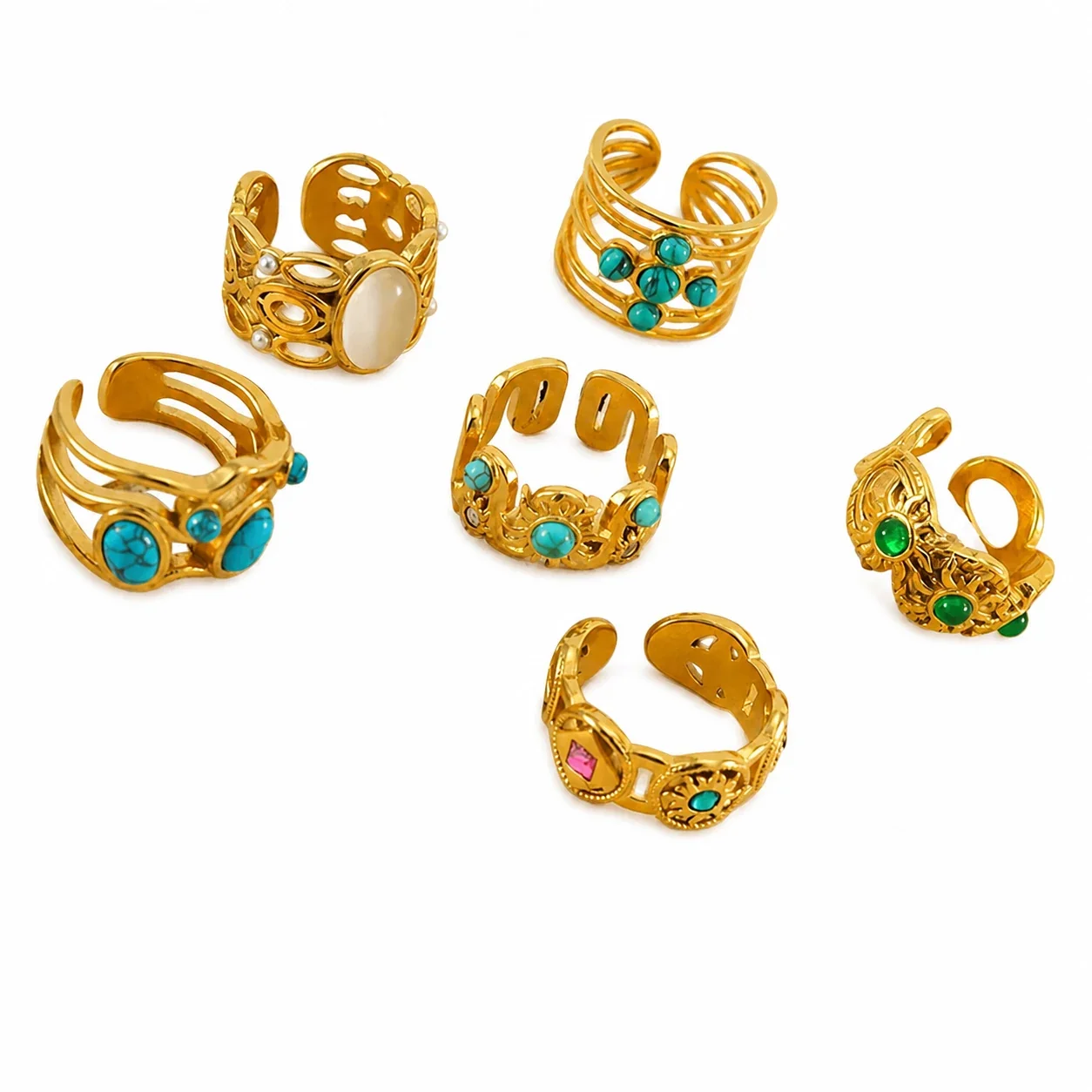 Ornate 18K Gold-Plated 316 Stainless Openwork Cabochon Cuff Ring