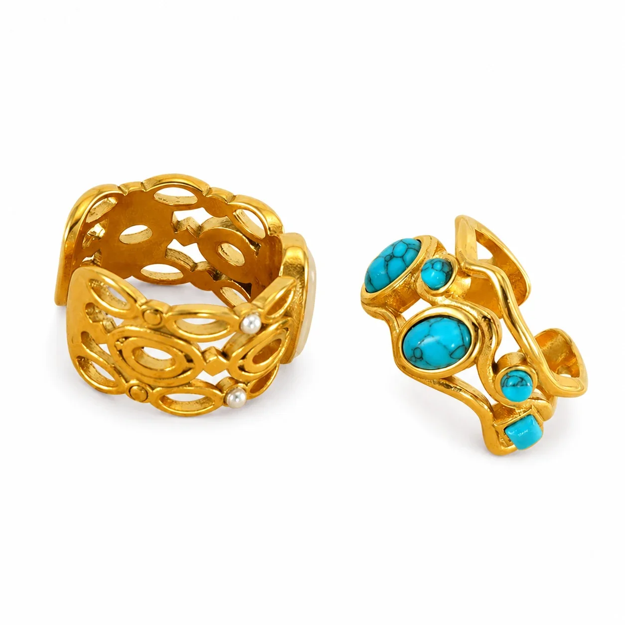 Ornate 18K Gold-Plated 316 Stainless Openwork Cabochon Cuff Ring