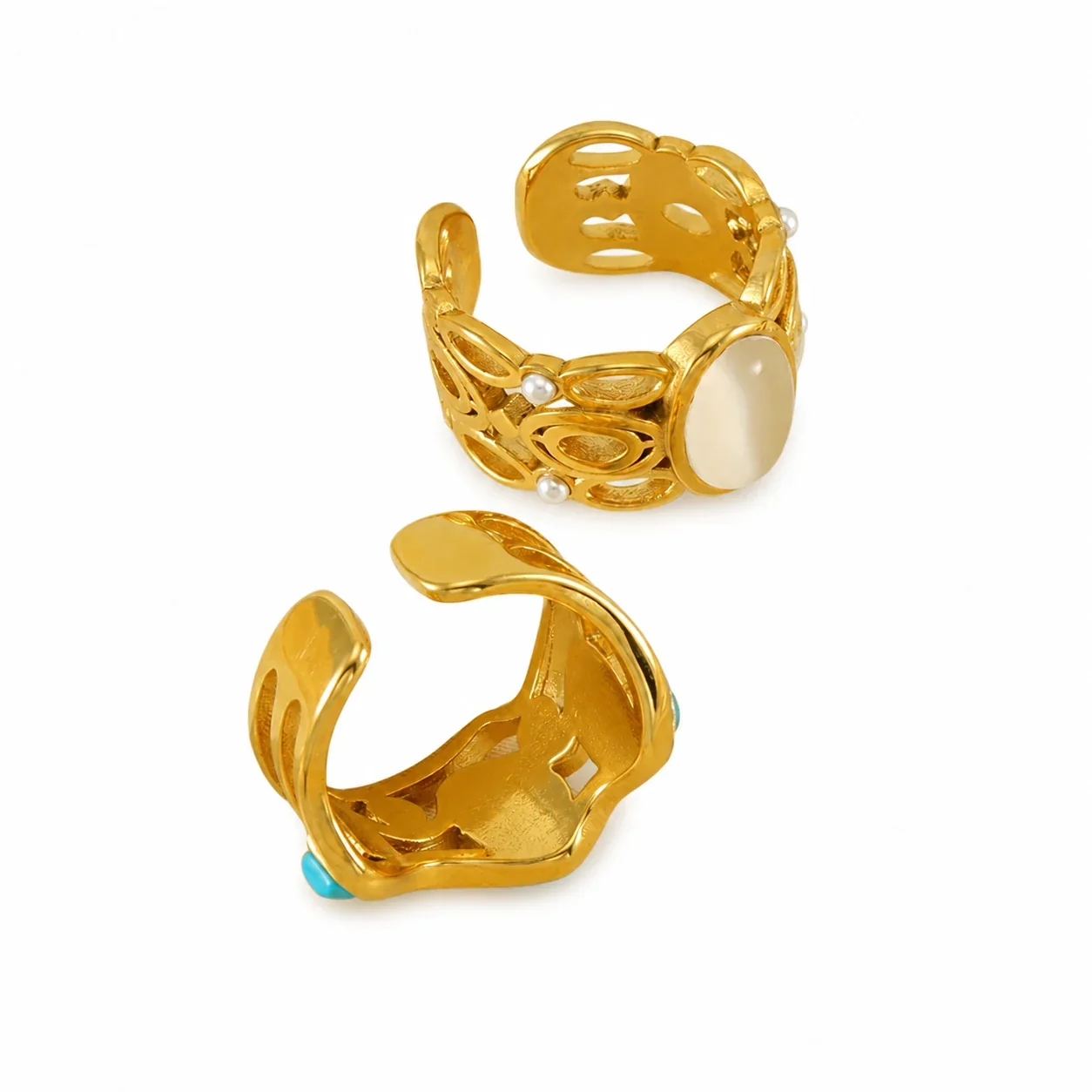 Ornate 18K Gold-Plated 316 Stainless Openwork Cabochon Cuff Ring