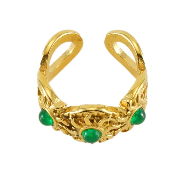 Ornate 18K Gold-Plated 316 Stainless Openwork Cabochon Cuff Ring
