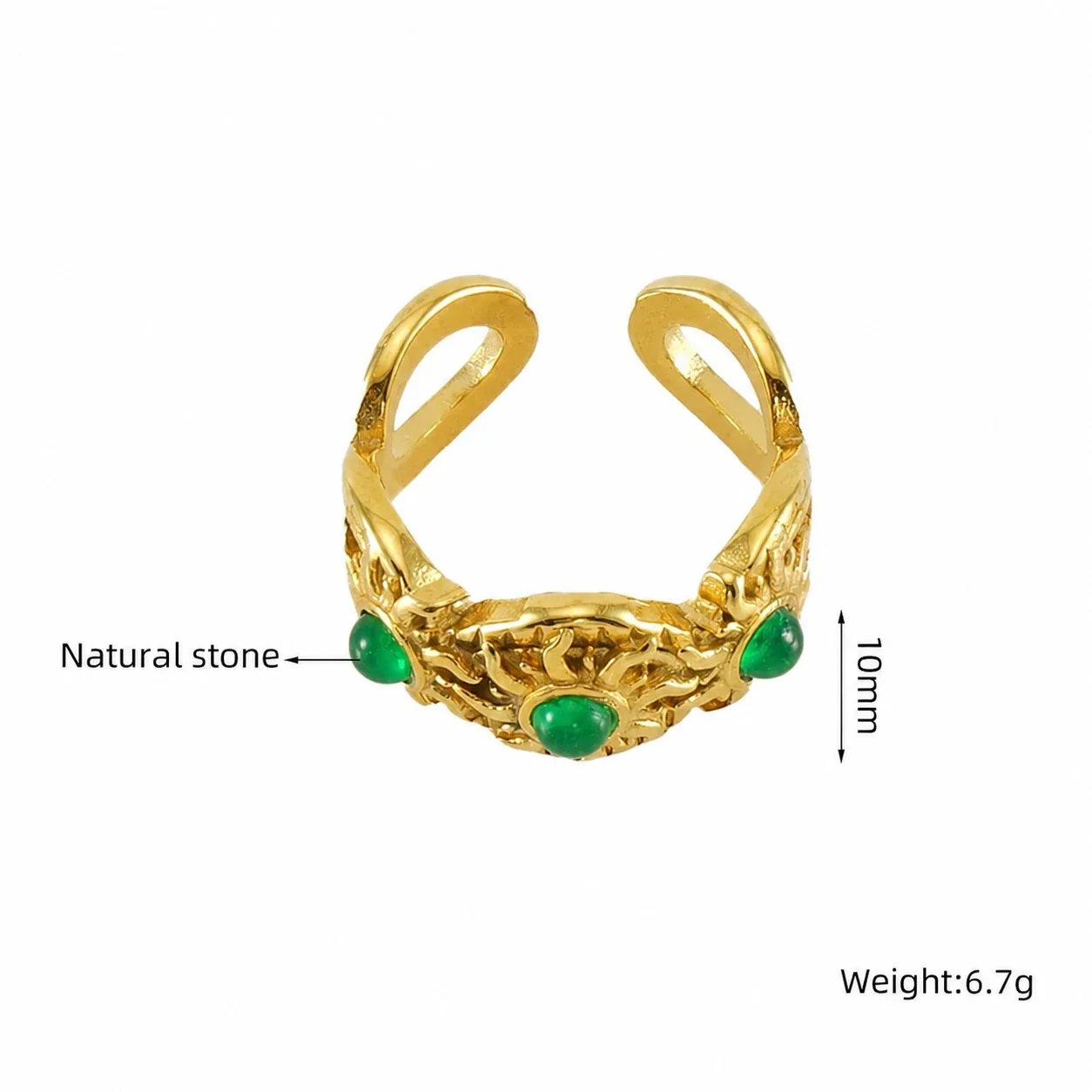 Ornate 18K Gold-Plated 316 Stainless Openwork Cabochon Cuff Ring - Gold Openwork Cabochon