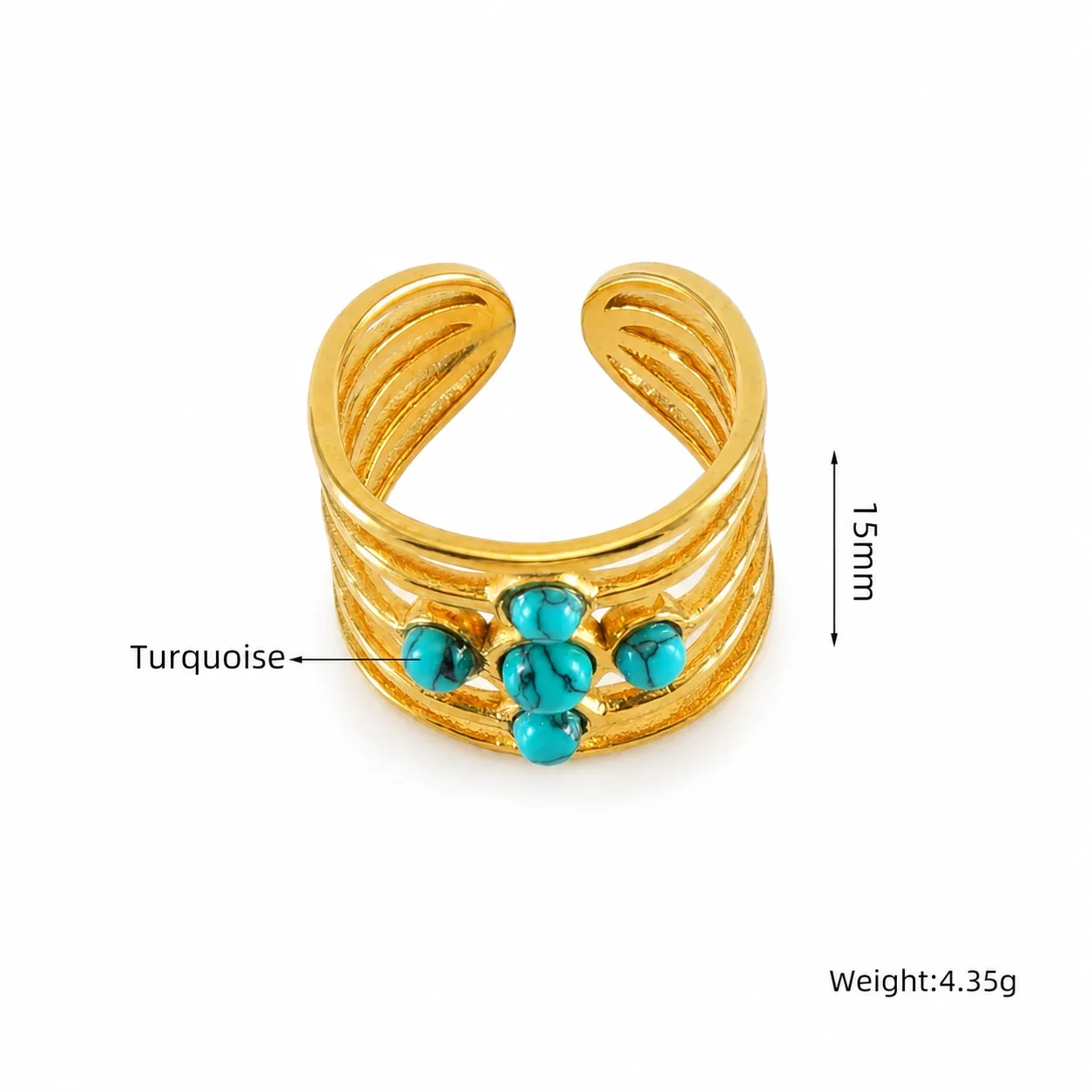 Ornate 18K Gold-Plated 316 Stainless Openwork Cabochon Cuff Ring - Gold Turquoise-Blue Cabochon