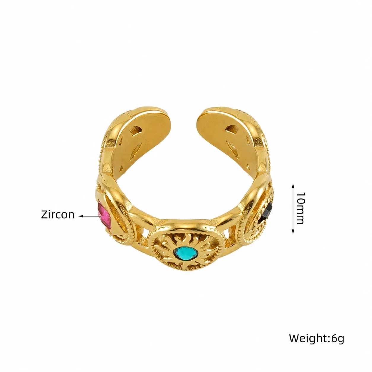 Ornate 18K Gold-Plated 316 Stainless Openwork Cabochon Cuff Ring - Gold Cream Oval Cabochon