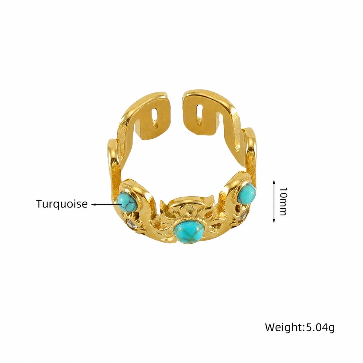 Ornate 18K Gold-Plated 316 Stainless Openwork Cabochon Cuff Ring - Gold Emerald-Green Cabochon