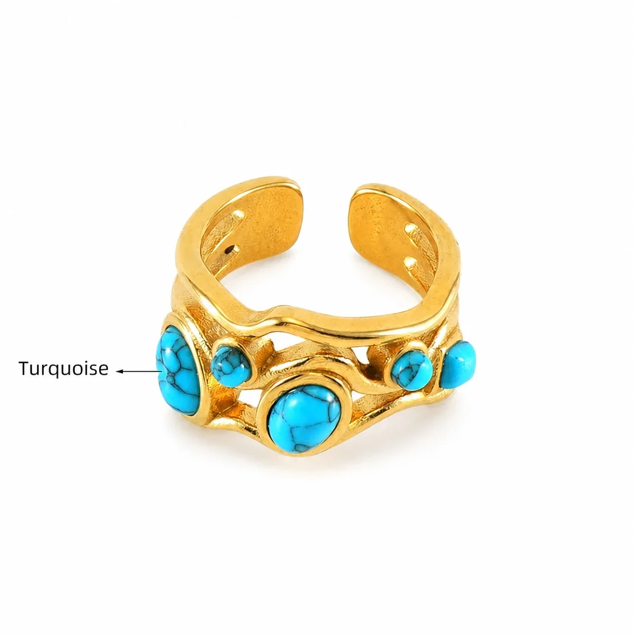 Ornate 18K Gold-Plated 316 Stainless Openwork Cabochon Cuff Ring - Gold Pink Teardrop Cabochon