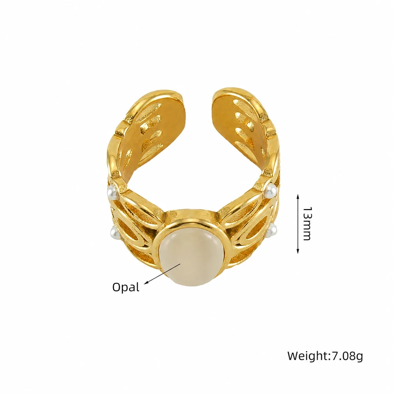 Ornate 18K Gold-Plated 316 Stainless Openwork Cabochon Cuff Ring - Gold Multi-Cabochon