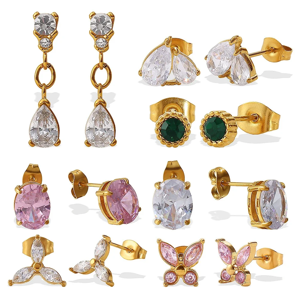 Prong-Set CZ Stud & Drop Earrings, Gold-Plated Stainless Steel