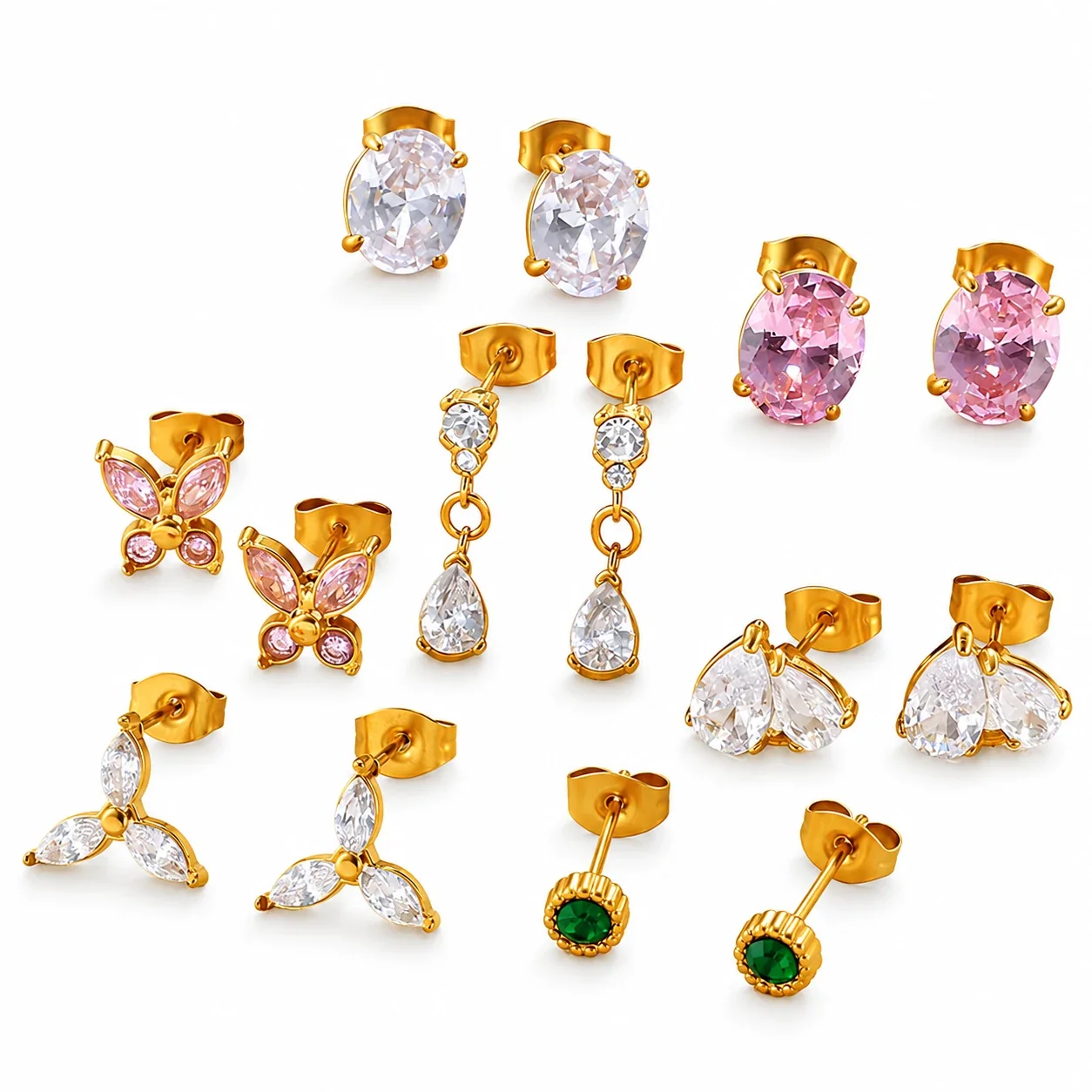 Prong-Set CZ Stud & Drop Earrings, Gold-Plated Stainless Steel
