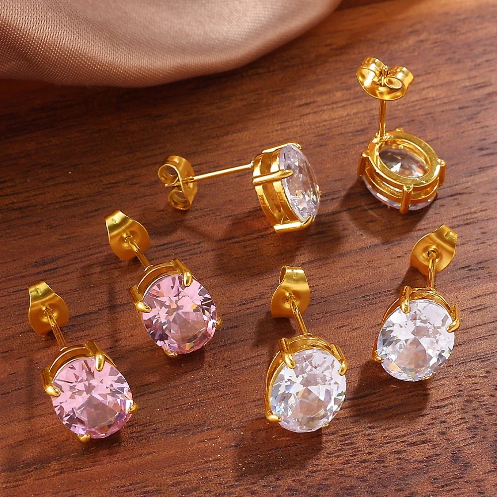 Prong-Set CZ Stud & Drop Earrings, Gold-Plated Stainless Steel
