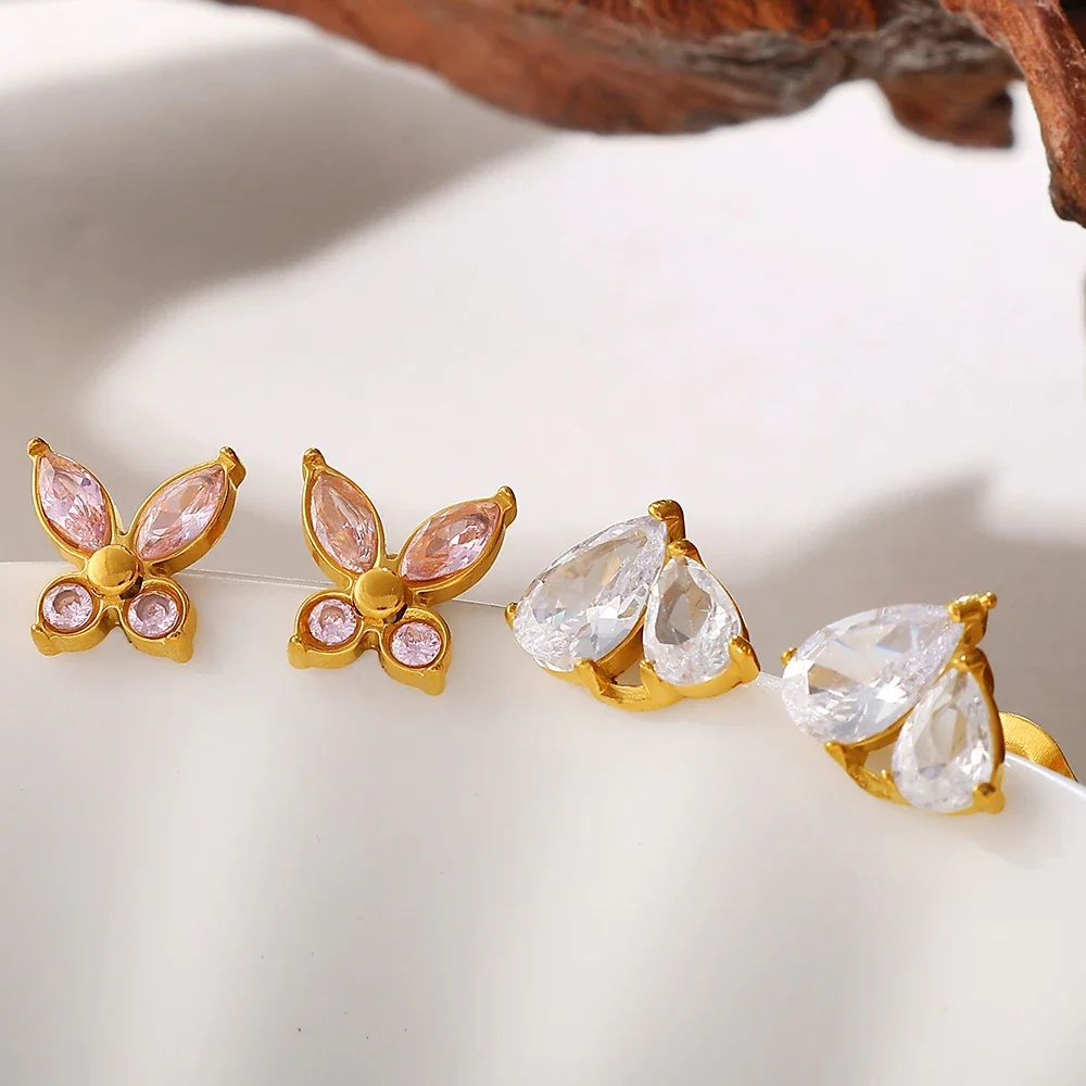 Prong-Set CZ Stud & Drop Earrings, Gold-Plated Stainless Steel