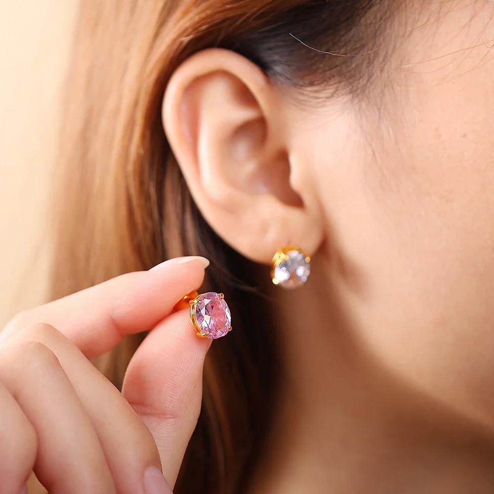Prong-Set CZ Stud & Drop Earrings, Gold-Plated Stainless Steel