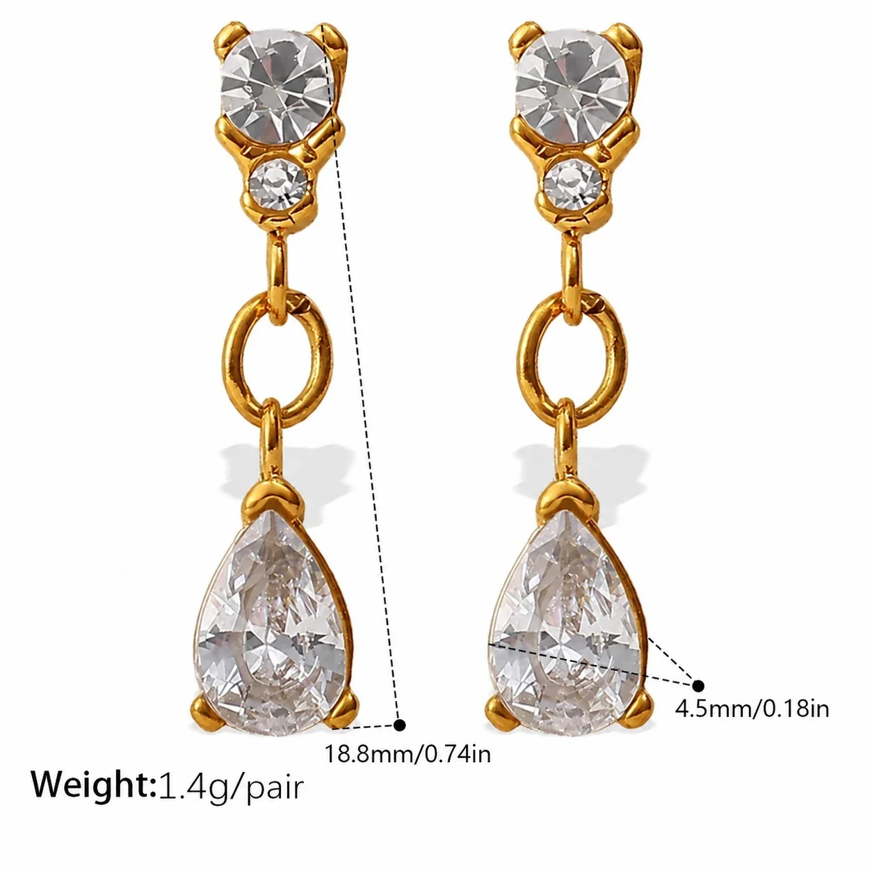 Prong-Set CZ Stud & Drop Earrings, Gold-Plated Stainless Steel - Clear CZ Drop