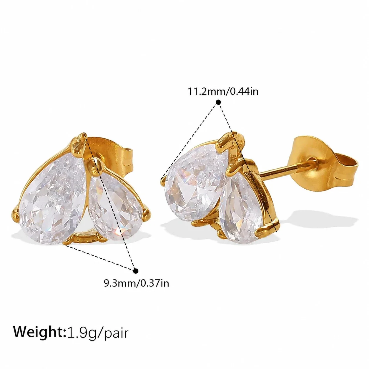 Prong-Set CZ Stud & Drop Earrings, Gold-Plated Stainless Steel - Clear CZ Stud - Style