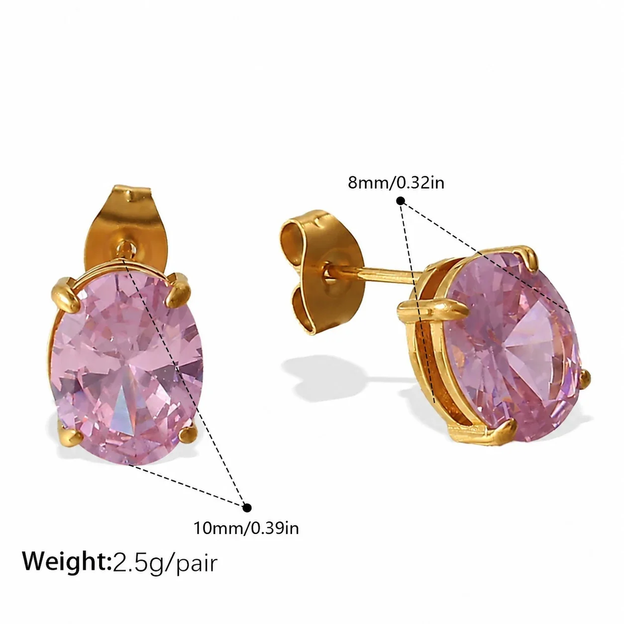 Prong-Set CZ Stud & Drop Earrings, Gold-Plated Stainless Steel - Pink CZ Stud - Style