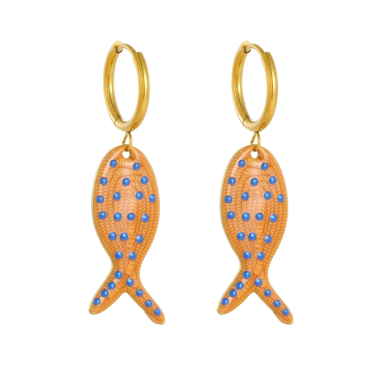 Fish Drop Earrings with Blue Dots, Gold-Plated Stainless Steel