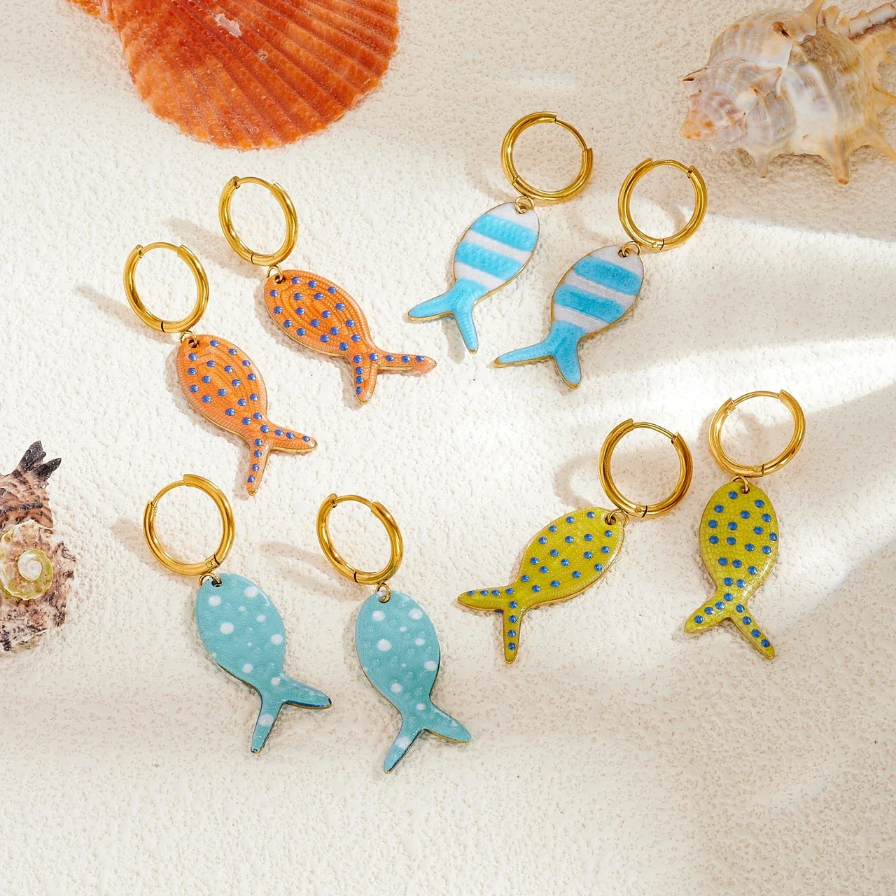 Fish Drop Earrings with Blue Dots, Gold-Plated Stainless Steel