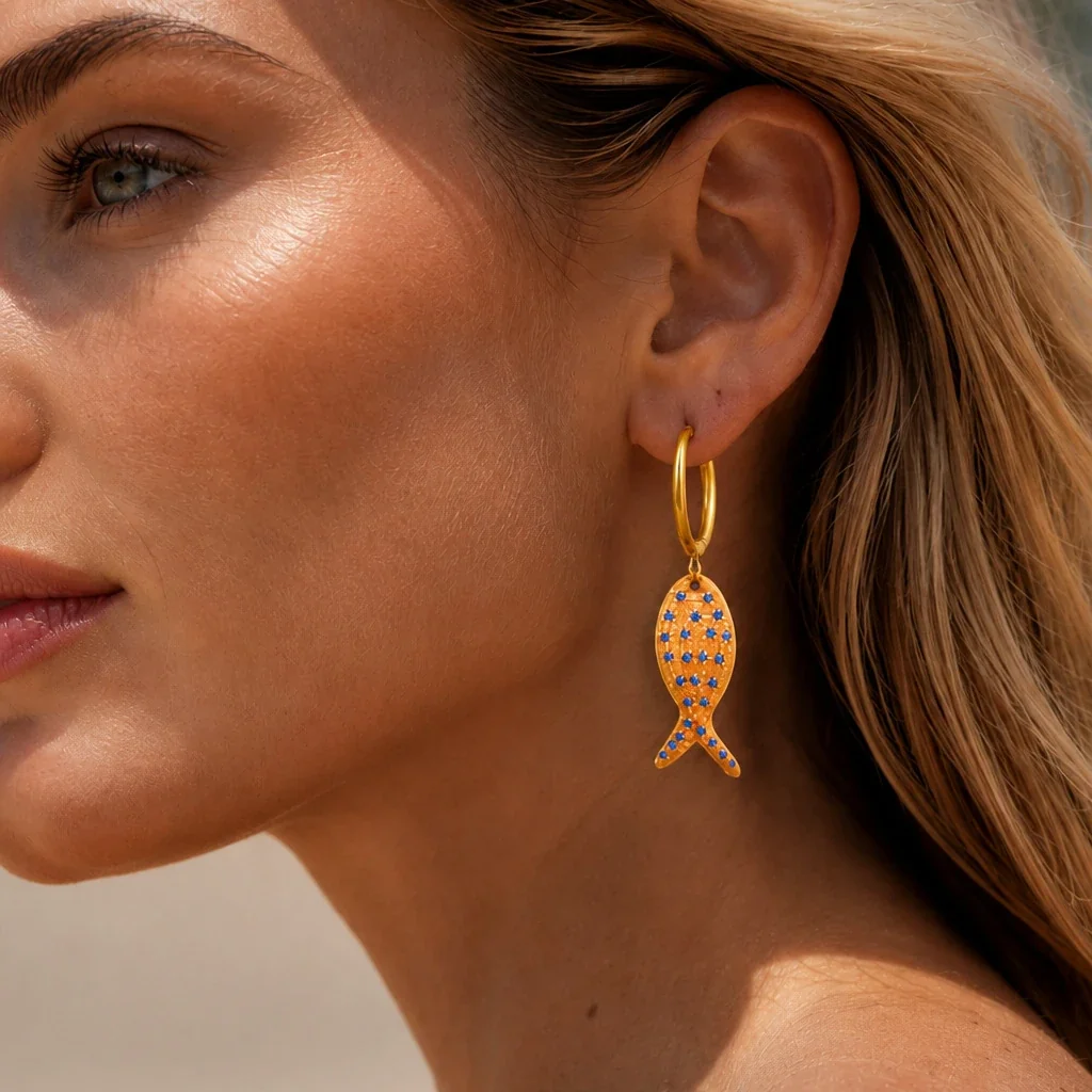 Fish Drop Earrings with Blue Dots, Gold-Plated Stainless Steel