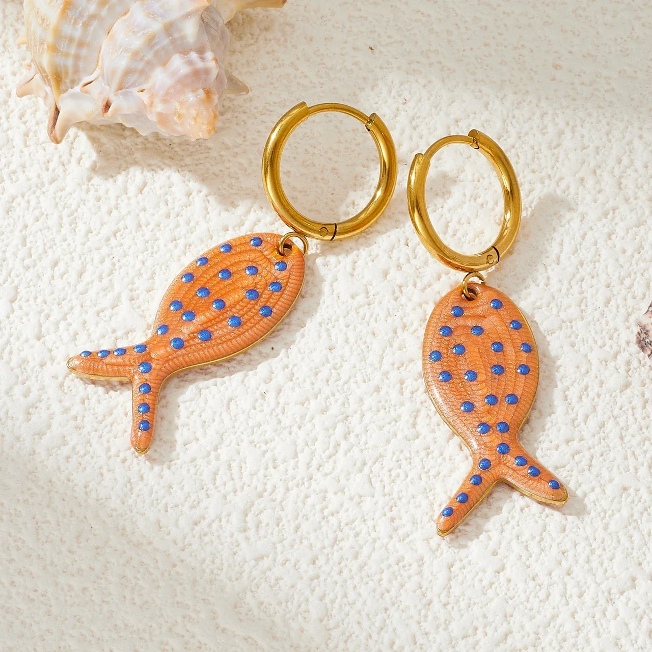 Fish Drop Earrings with Blue Dots, Gold-Plated Stainless Steel