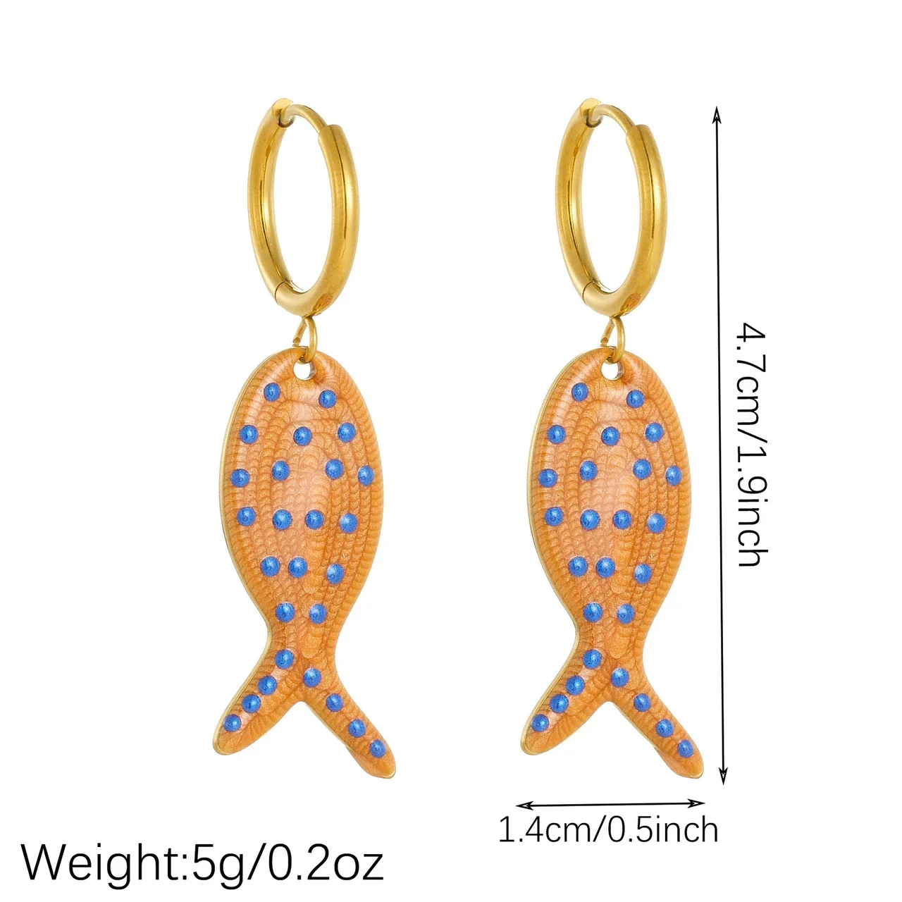 Fish Drop Earrings with Blue Dots, Gold-Plated Stainless Steel