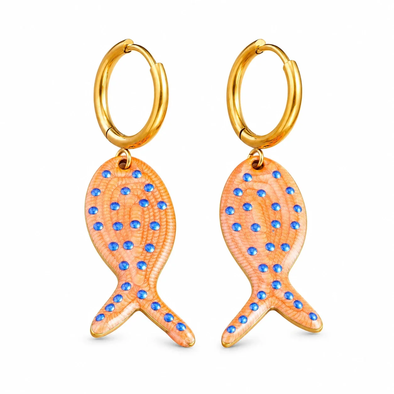Fish Drop Earrings with Blue Dots, Gold-Plated Stainless Steel - Gold Orange Blue-Dot Fish