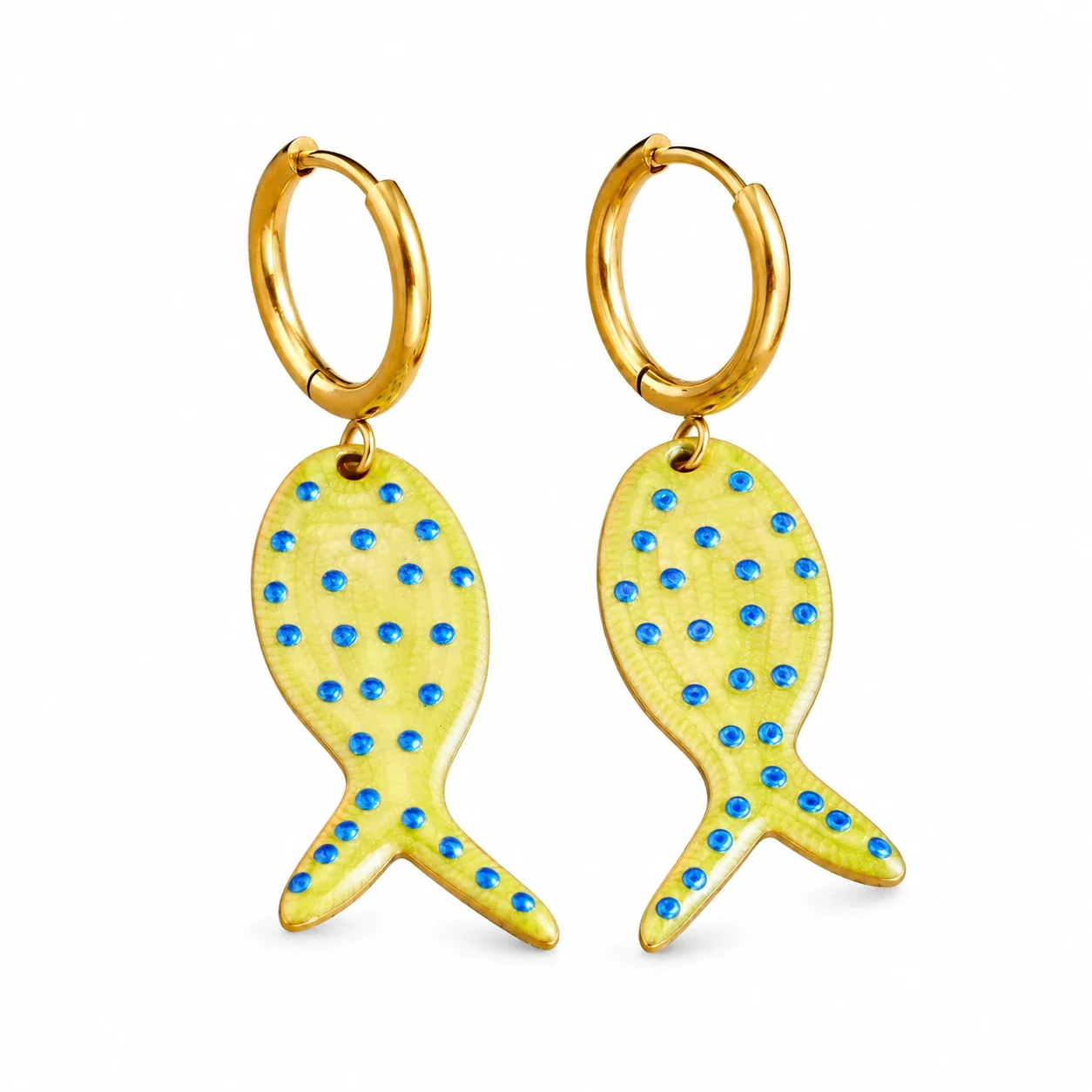 Fish Drop Earrings with Blue Dots, Gold-Plated Stainless Steel - Gold Aqua White-Dot Fish