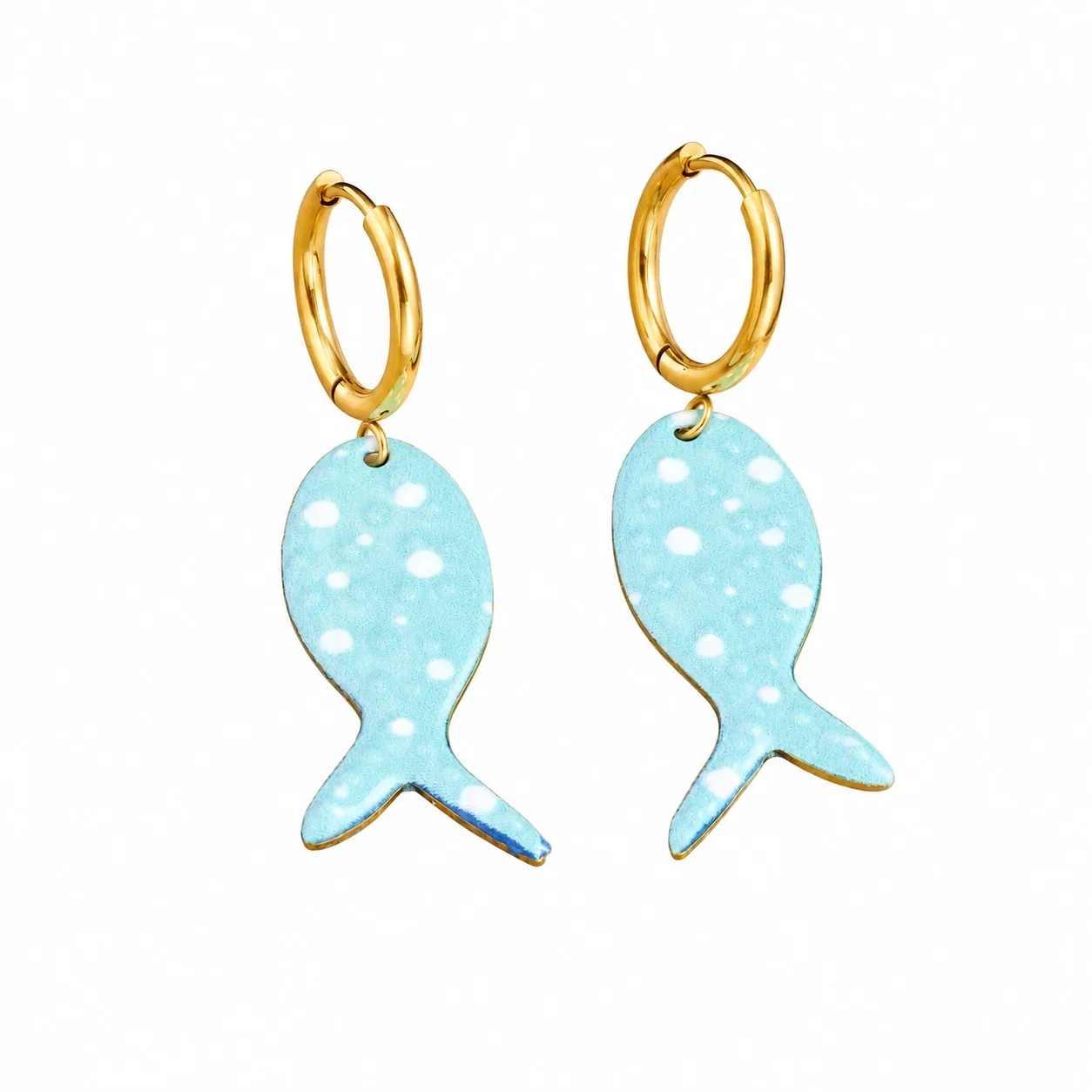 Fish Drop Earrings with Blue Dots, Gold-Plated Stainless Steel - Gold Aqua Striped Fish