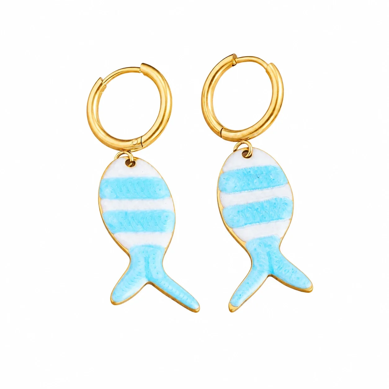 Fish Drop Earrings with Blue Dots, Gold-Plated Stainless Steel - Gold Yellow Blue-Dot Fish
