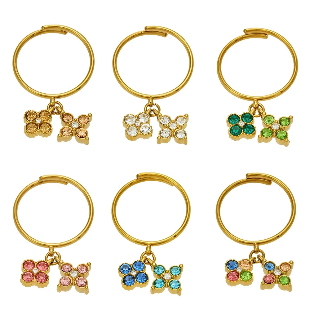 Anel Aberto com Dois Pendentes de Flores em Zircónia Cúbica, Aço Inoxidável 316 Banhado a Ouro