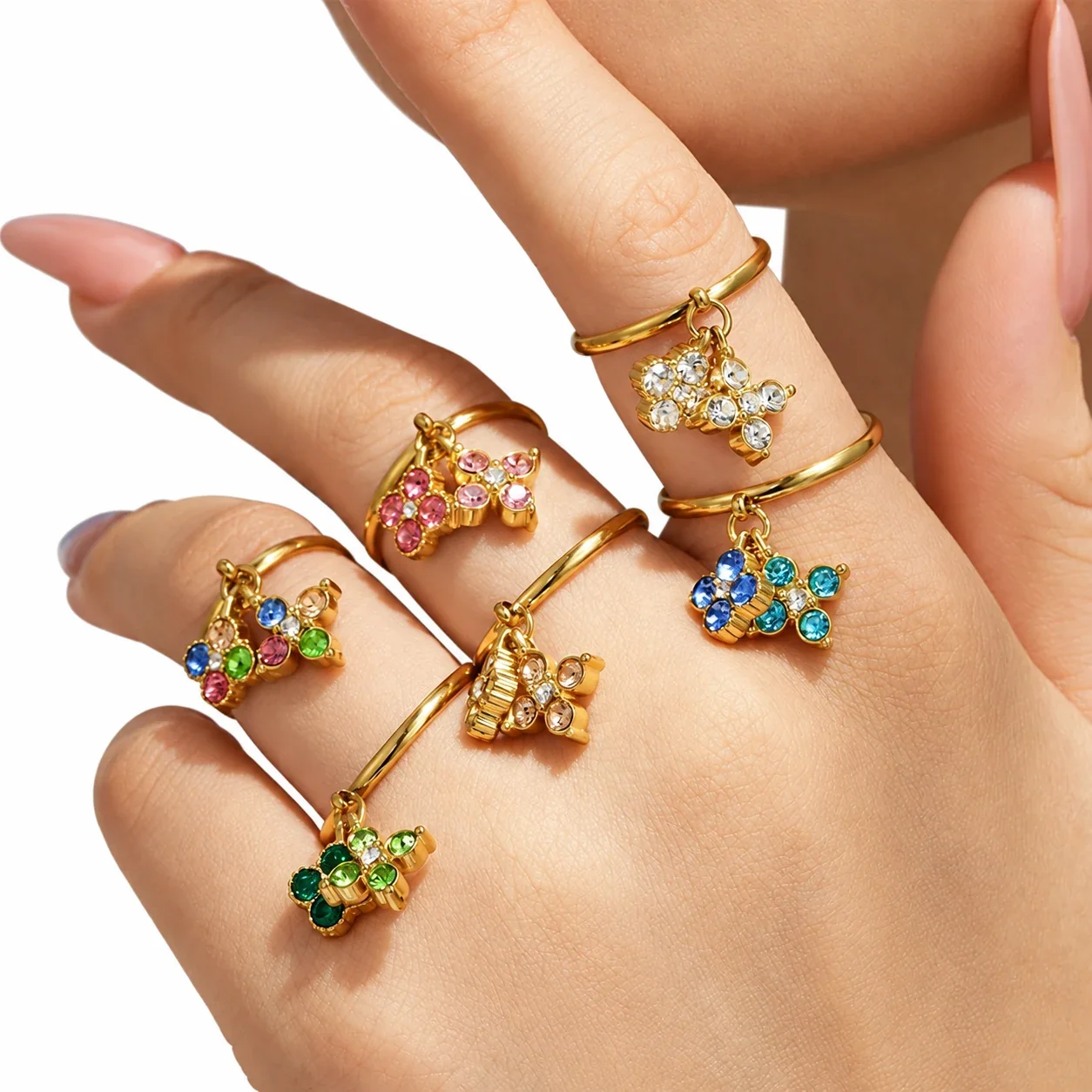 Open Ring, Dual Flower CZ Charms, Gold-Plated 316 Stainless Steel