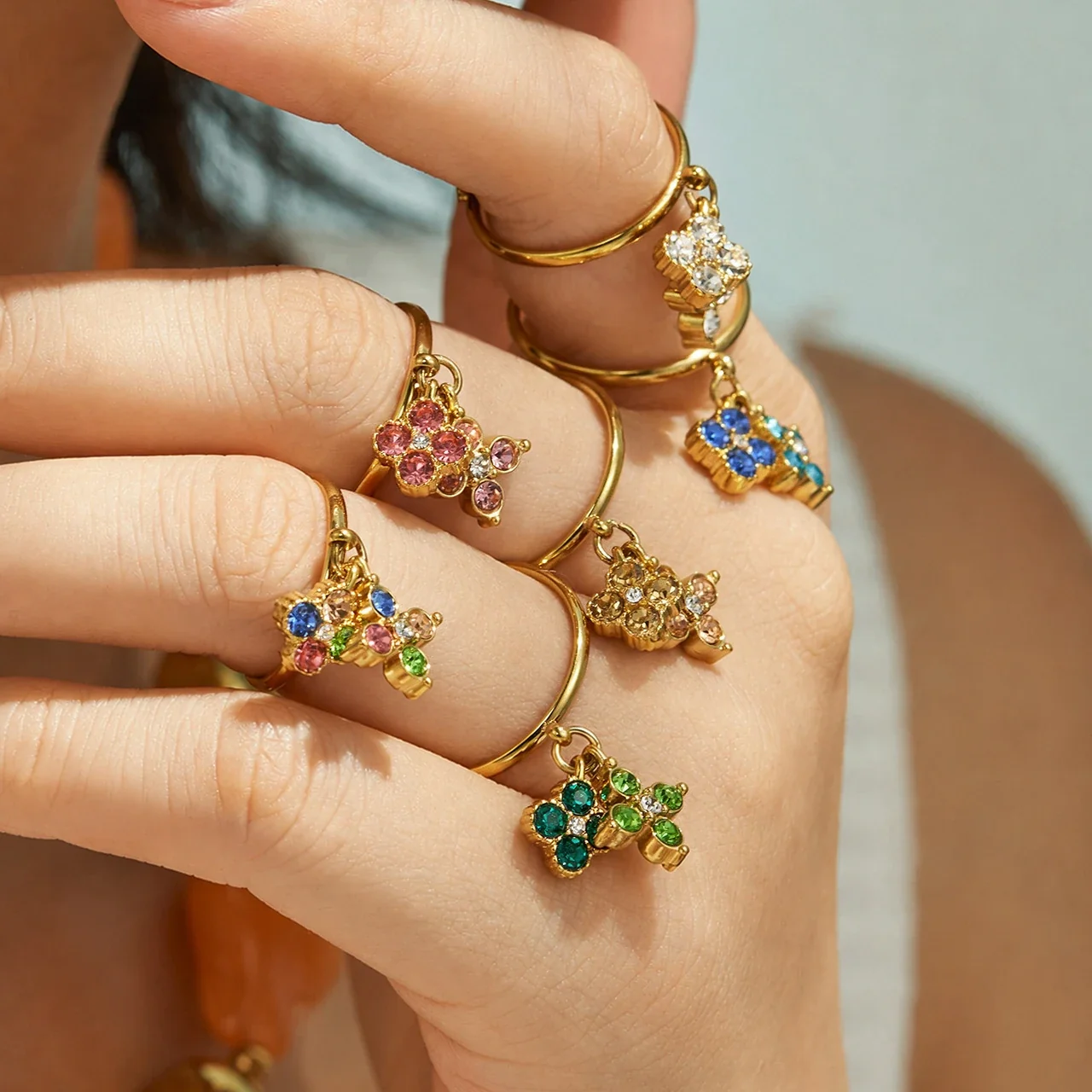 Open Ring, Dual Flower CZ Charms, Gold-Plated 316 Stainless Steel