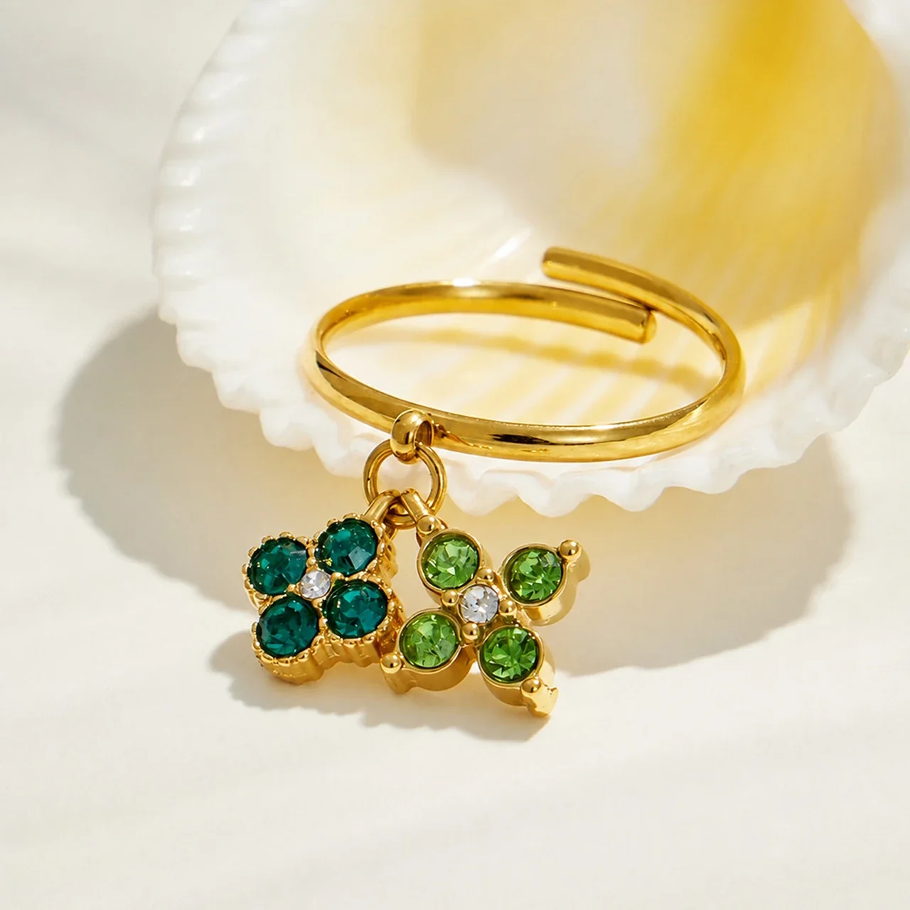 Open Ring, Dual Flower CZ Charms, Gold-Plated 316 Stainless Steel