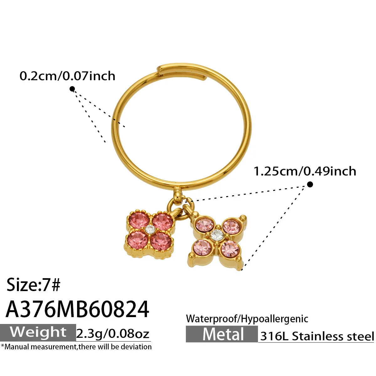 Open Ring, Dual Flower CZ Charms, Gold-Plated 316 Stainless Steel - Dimensions