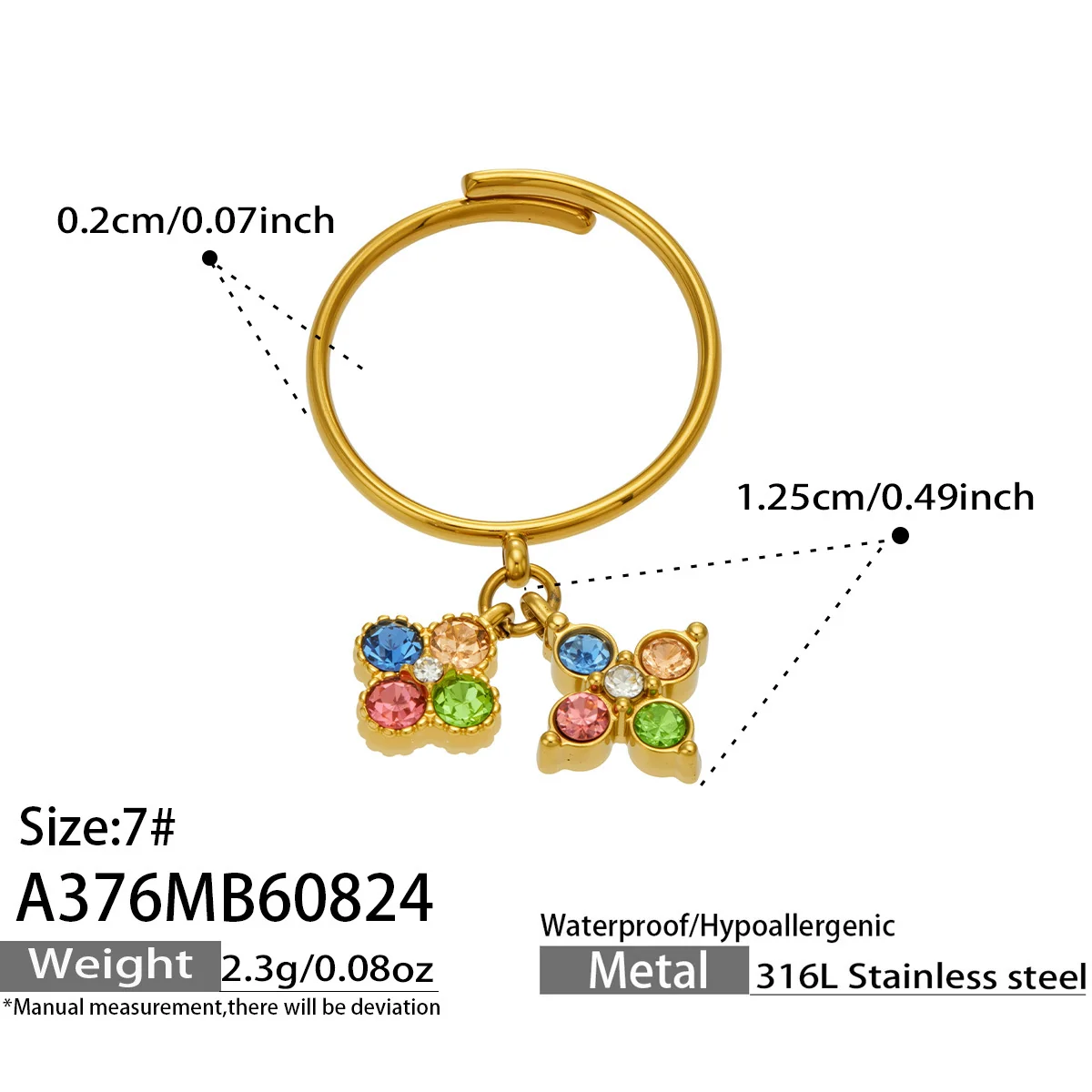 Open Ring, Dual Flower CZ Charms, Gold-Plated 316 Stainless Steel - Dimensions