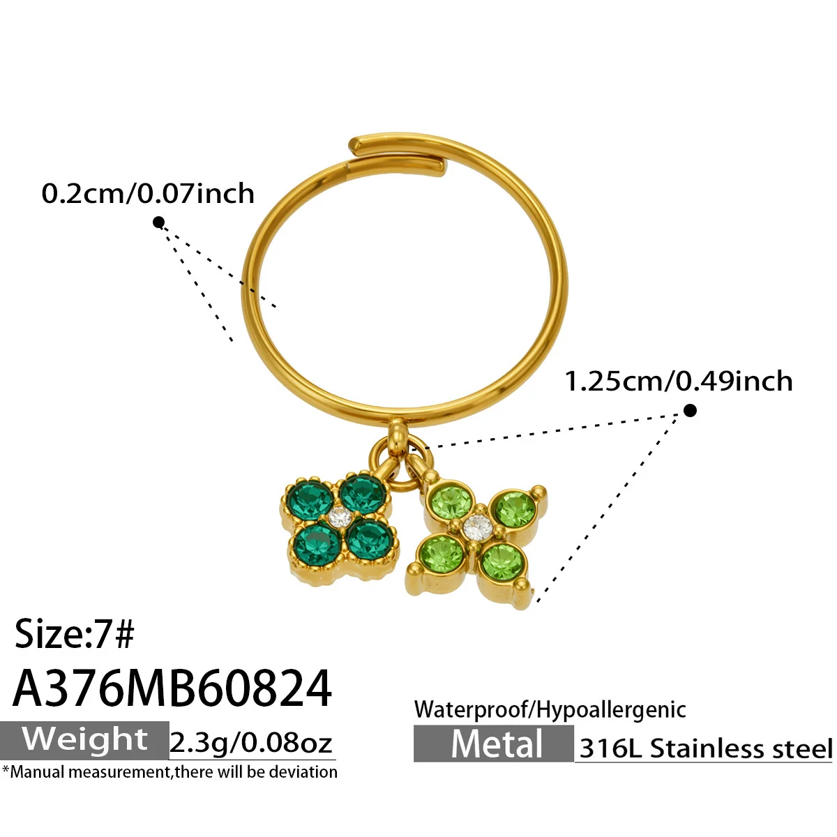 Open Ring, Dual Flower CZ Charms, Gold-Plated 316 Stainless Steel - Dimensions