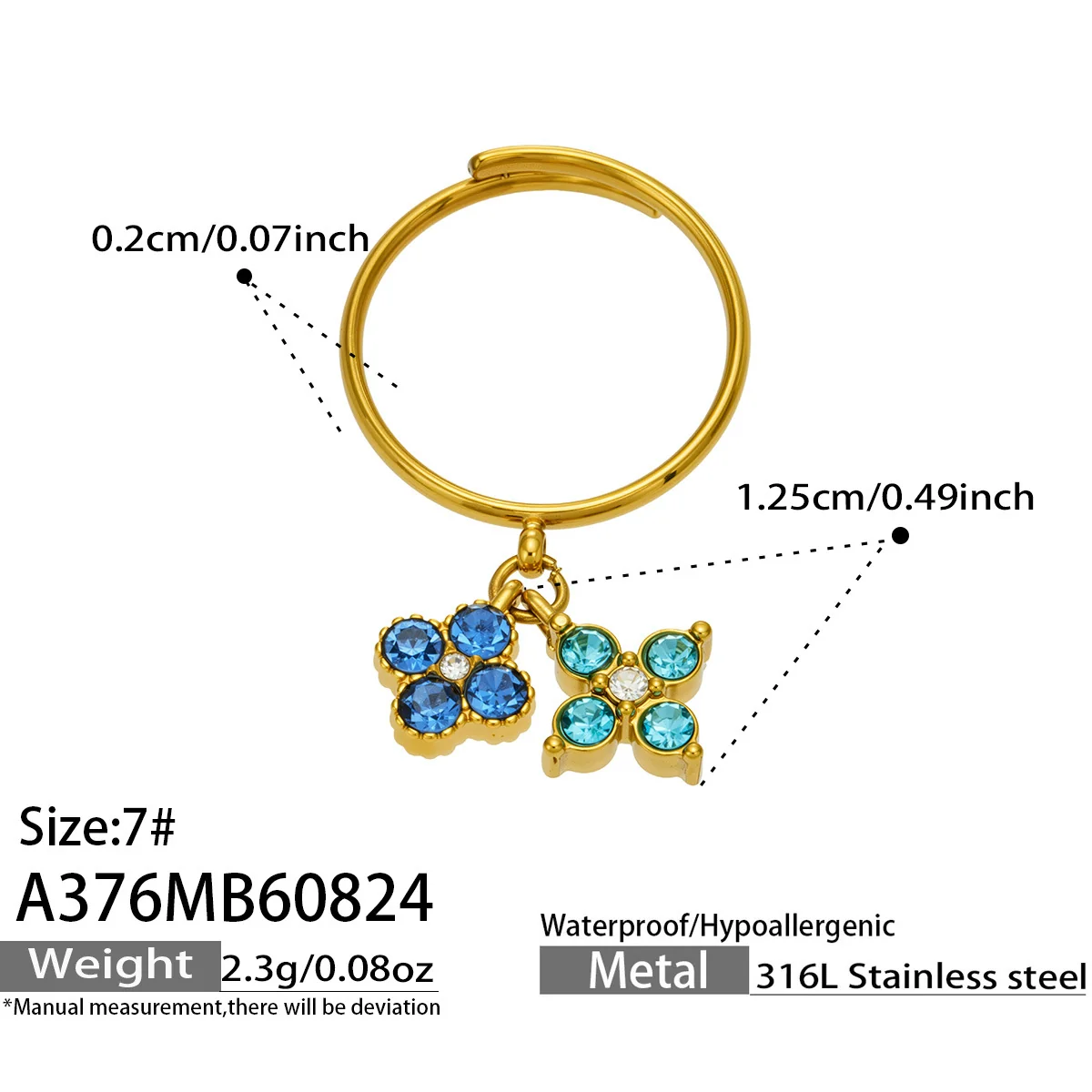 Open Ring, Dual Flower CZ Charms, Gold-Plated 316 Stainless Steel - Dimensions