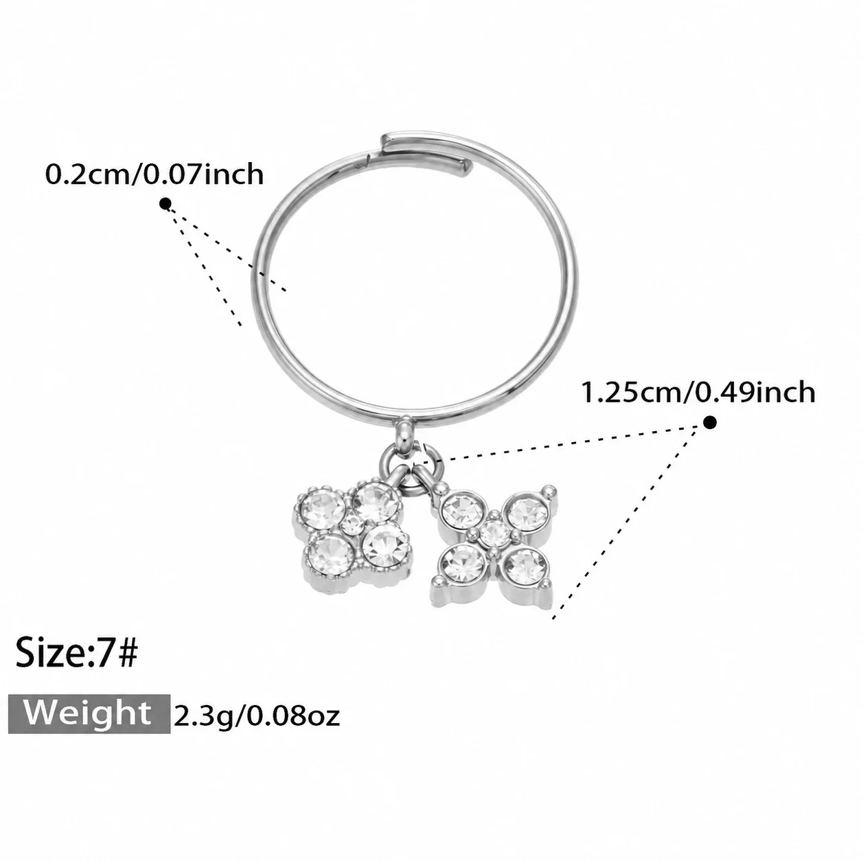Open Ring, Dual Flower CZ Charms, Gold-Plated 316 Stainless Steel - Silver White CZ