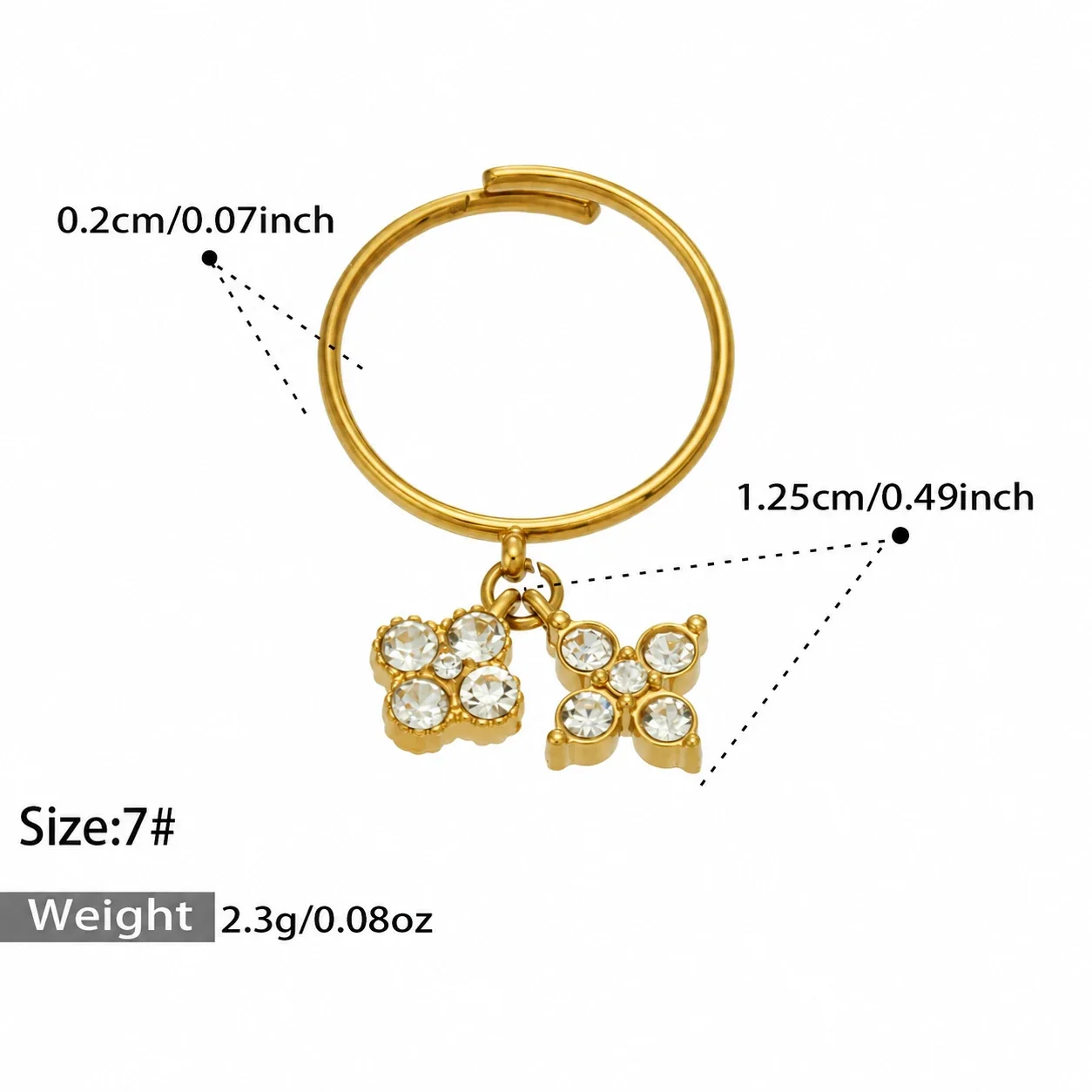 Open Ring, Dual Flower CZ Charms, Gold-Plated 316 Stainless Steel - Gold White CZ
