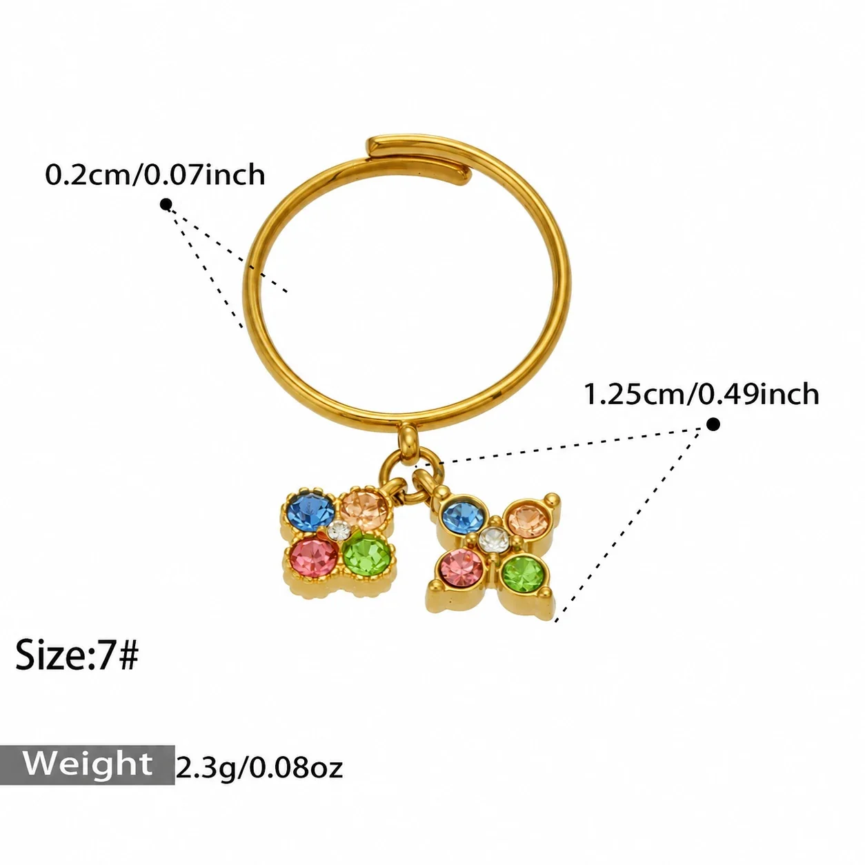 Open Ring, Dual Flower CZ Charms, Gold-Plated 316 Stainless Steel - Gold Multicolor CZ